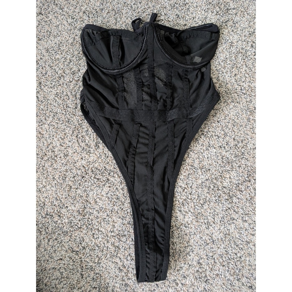 Black Sheer Mesh Cage Bodysuit Underwire High Cut Thong Back Small